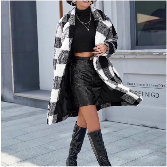 Cozy Plaid Teddy Open Front Jacket Coat - Picture 2 of 5